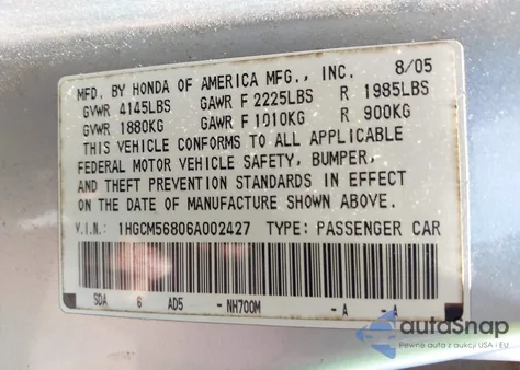 2006 Honda Accord 2.4 Ex z USA, uszkodzony, nr VIN 1HGCM56806A002427